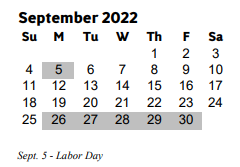 District School Academic Calendar for Milford Elementary School for September 2022