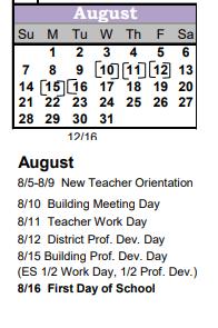 District School Academic Calendar for East Middle School for August 2022