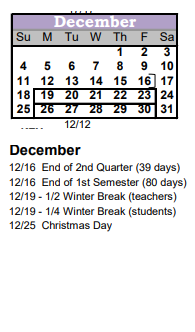 District School Academic Calendar for Bijou Alternative Program for December 2022