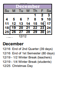 District School Academic Calendar for North Middle School for December 2022