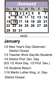 District School Academic Calendar for Irving Middle School for January 2023