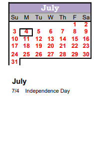 District School Academic Calendar for East Middle School for July 2022