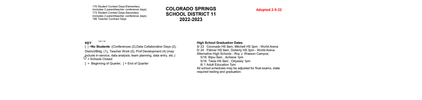 District School Academic Calendar Key for Life Skills Center Of Colorado Springs