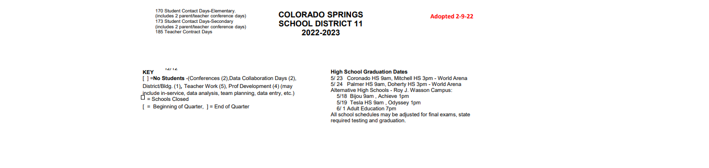 District School Academic Calendar Key for Bijou Alternative Program