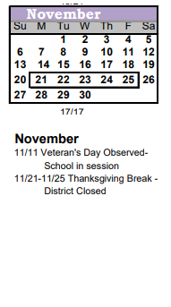 District School Academic Calendar for Bijou Alternative Program for November 2022
