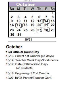 District School Academic Calendar for North Middle School for October 2022