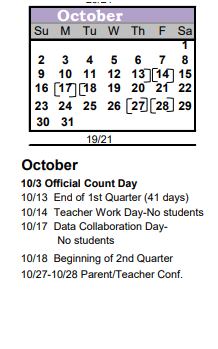 District School Academic Calendar for Bijou Alternative Program for October 2022