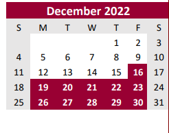 District School Academic Calendar for Brazoria Co J J A E P for December 2022
