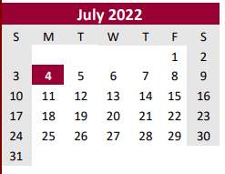 District School Academic Calendar for Brazoria Co J J A E P for July 2022