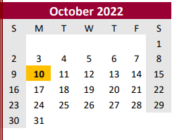 District School Academic Calendar for Brazoria Co J J A E P for October 2022
