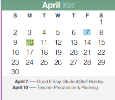 District School Academic Calendar for Freiheit Elementary for April 2023