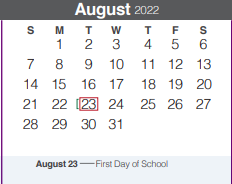 District School Academic Calendar for Spring Branch Middle for August 2022