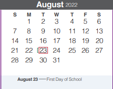 District School Academic Calendar for Mountain Valley Middle School for August 2022