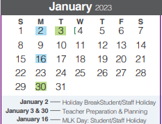 District School Academic Calendar for Freiheit Elementary for January 2023