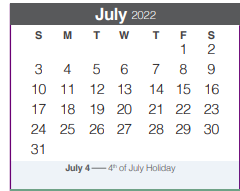 District School Academic Calendar for Bill Brown Elementary School for July 2022