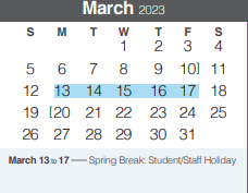 District School Academic Calendar for Spring Branch Middle for March 2023
