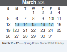 District School Academic Calendar for Mountain Valley Middle School for March 2023