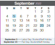 District School Academic Calendar for Mountain Valley Middle School for September 2022