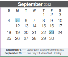 District School Academic Calendar for Rahe Bulverde Elementary School for September 2022