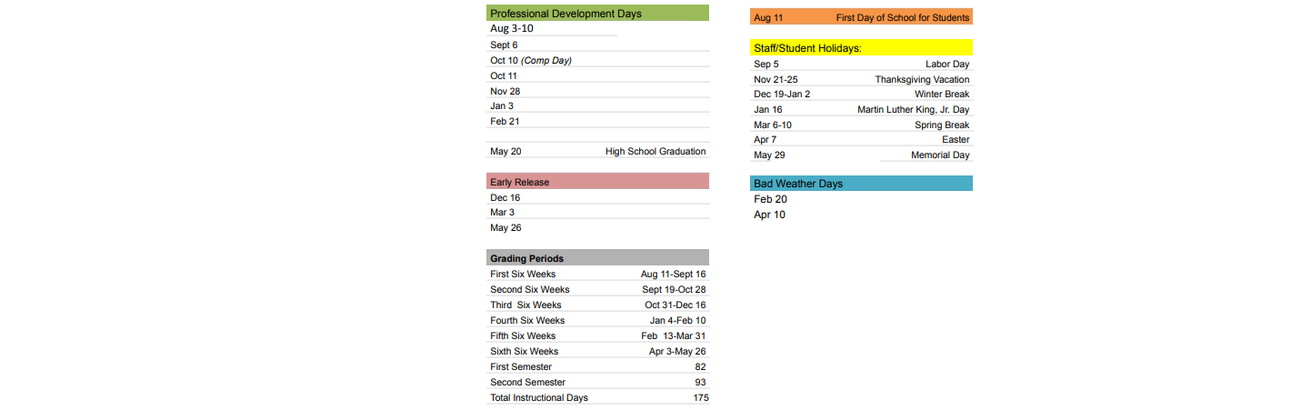 District School Academic Calendar Key for Lakeview Academy