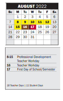 District School Academic Calendar for P A S S Learning Ctr for August 2022
