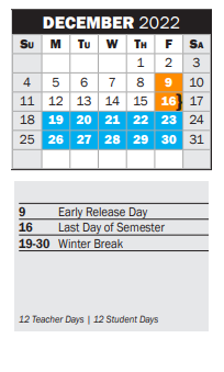 District School Academic Calendar for Denton Creek Elementary School for December 2022