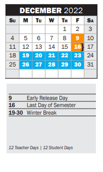 District School Academic Calendar for P A S S Learning Ctr for December 2022