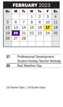 District School Academic Calendar for P A S S Learning Ctr for February 2023