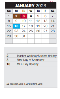 District School Academic Calendar for Lee Elementary School for January 2023