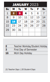 District School Academic Calendar for P A S S Learning Ctr for January 2023