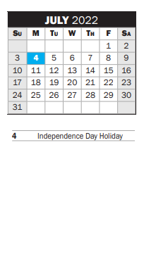 District School Academic Calendar for P A S S Learning Ctr for July 2022