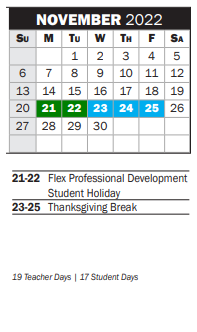 District School Academic Calendar for P A S S Learning Ctr for November 2022