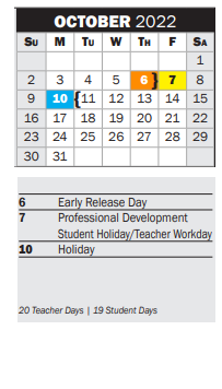 District School Academic Calendar for P A S S Learning Ctr for October 2022