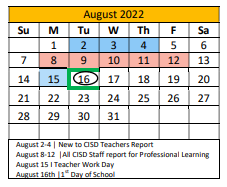 District School Academic Calendar for Crandall Int for August 2022