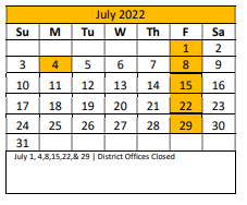 District School Academic Calendar for Crandall Alter Ctr for July 2022