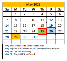 District School Academic Calendar for Crandall H S for May 2023
