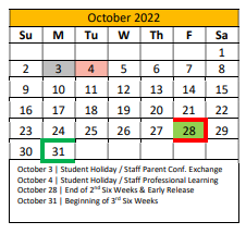 District School Academic Calendar for Crandall Alter Ctr for October 2022
