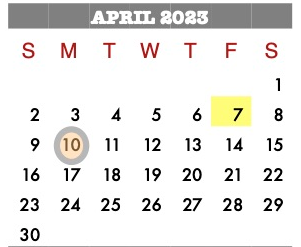 District School Academic Calendar for Crosby Kindergarten Center for April 2023