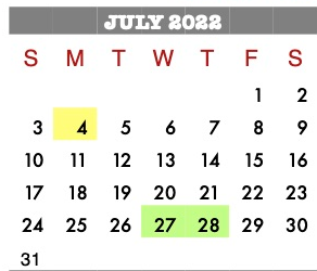 District School Academic Calendar for Crosby Kindergarten Center for July 2022