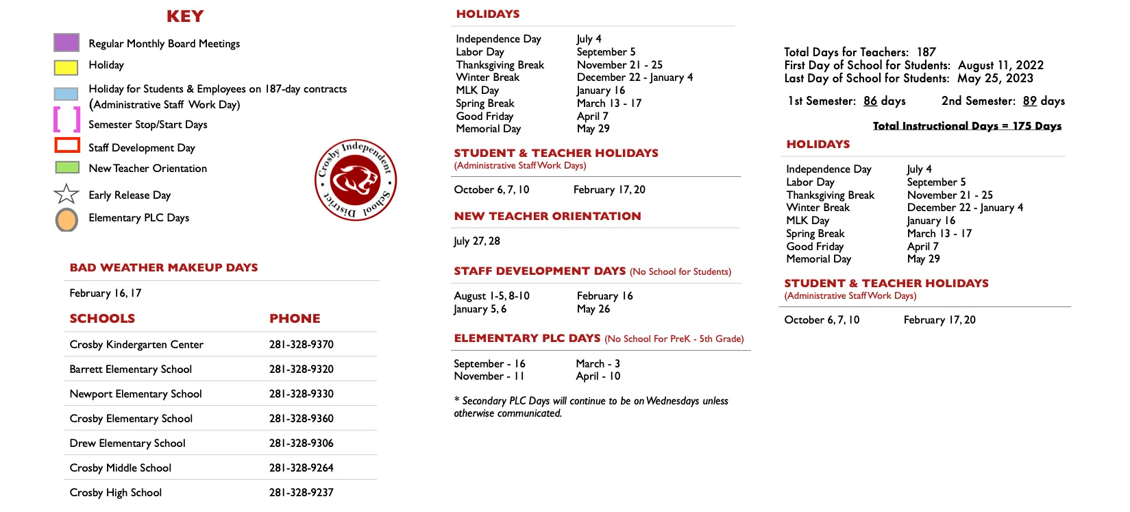 District School Academic Calendar Key for Crosby High School