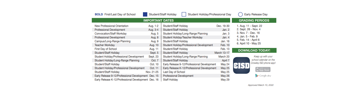 District School Academic Calendar Key for North Crowley H S 9th Grade Campus