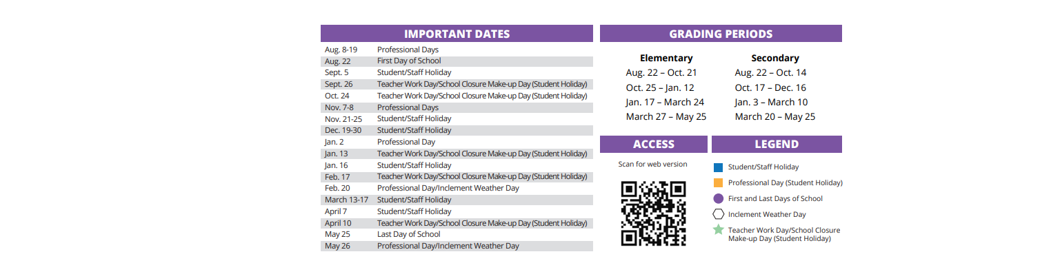 District School Academic Calendar Key for Post Elementary School