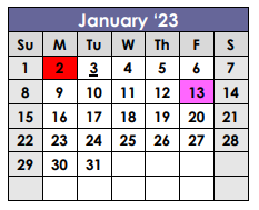 District School Academic Calendar for X I T Secondary School for January 2023
