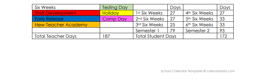 District School Academic Calendar Key for Dalhart Elementary