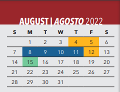 District School Academic Calendar for Irma Rangel Ywl School for August 2022