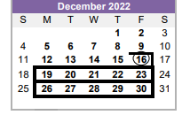 District School Academic Calendar for Wilson J H for December 2022