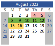 District School Academic Calendar for Rann Elementary for August 2022