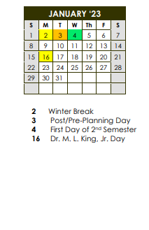 District School Academic Calendar for Peachcrest Elementary School for January 2023
