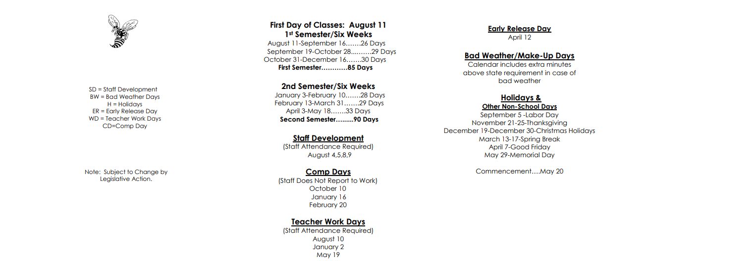 District School Academic Calendar Key for Pathways H S