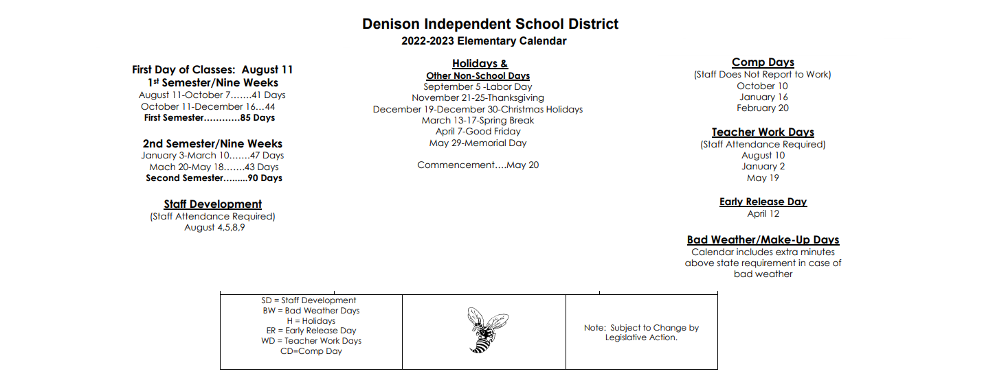 District School Academic Calendar Key for Houston El